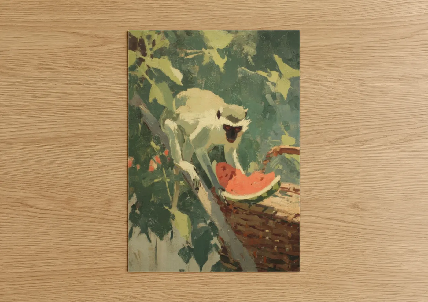 White Monkey Eating Watermelon Wall Art