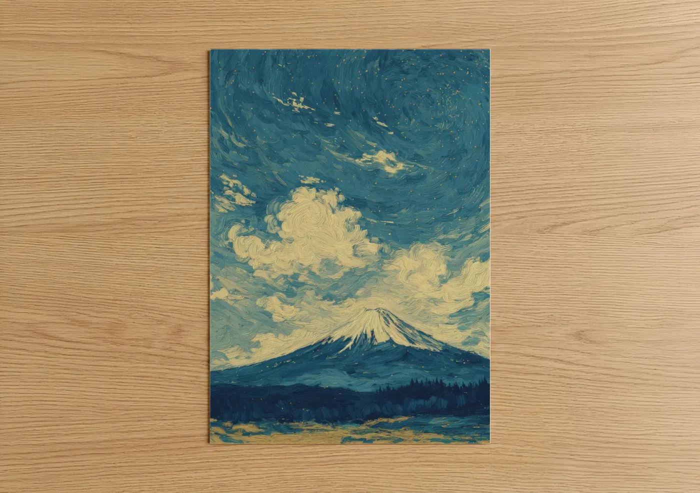 Art print on warm oak wood — blue and gold palette — Starry Mount Fuji poster