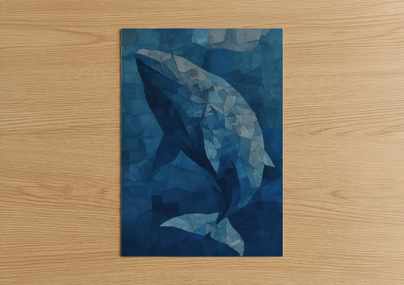 Sperm whale art print on warm oak wood — blue and gray palette — Deep Ocean Whale poster