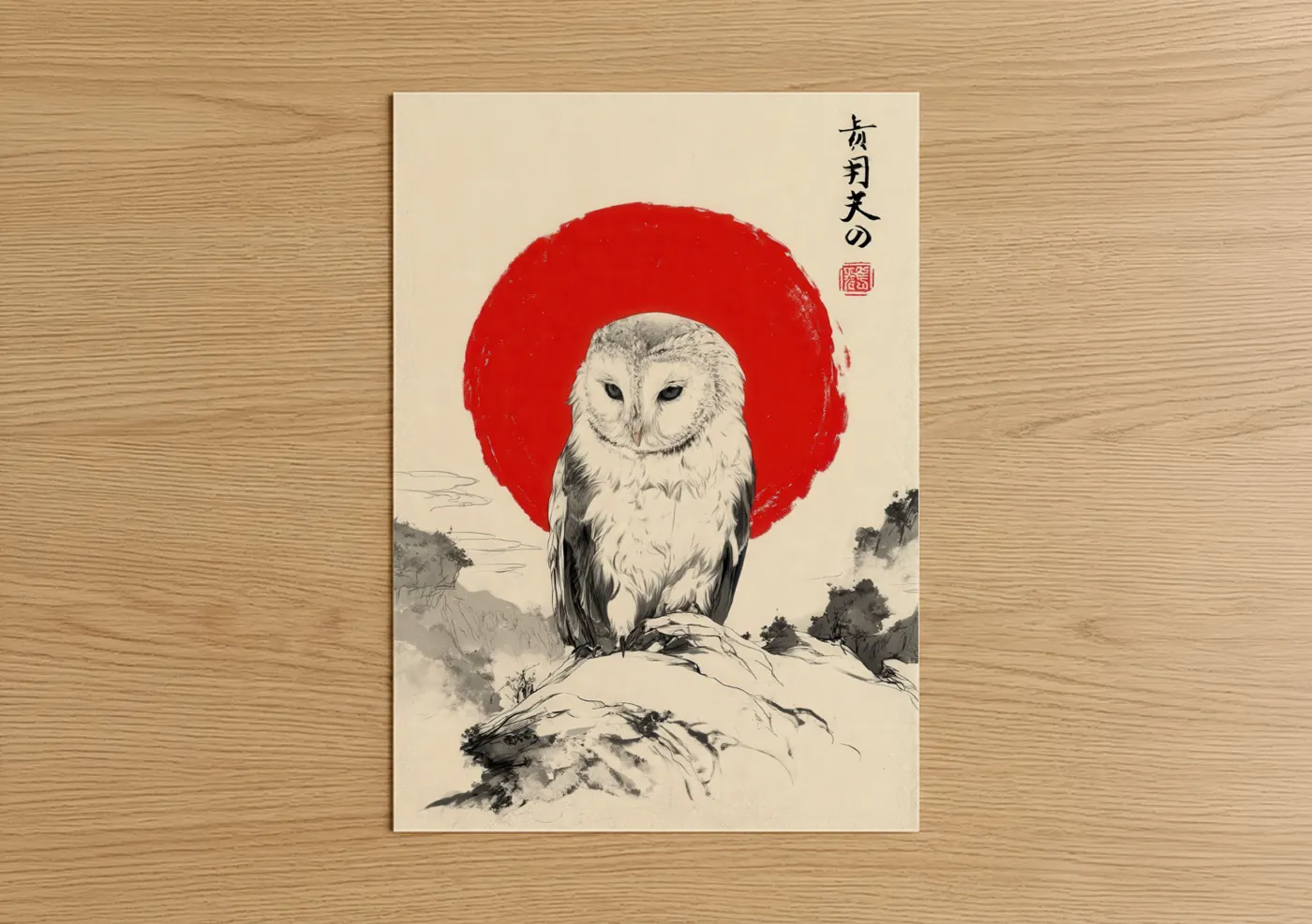 Art print on warm oak wood — red and black and white palette — Crimson Moon Owl poster