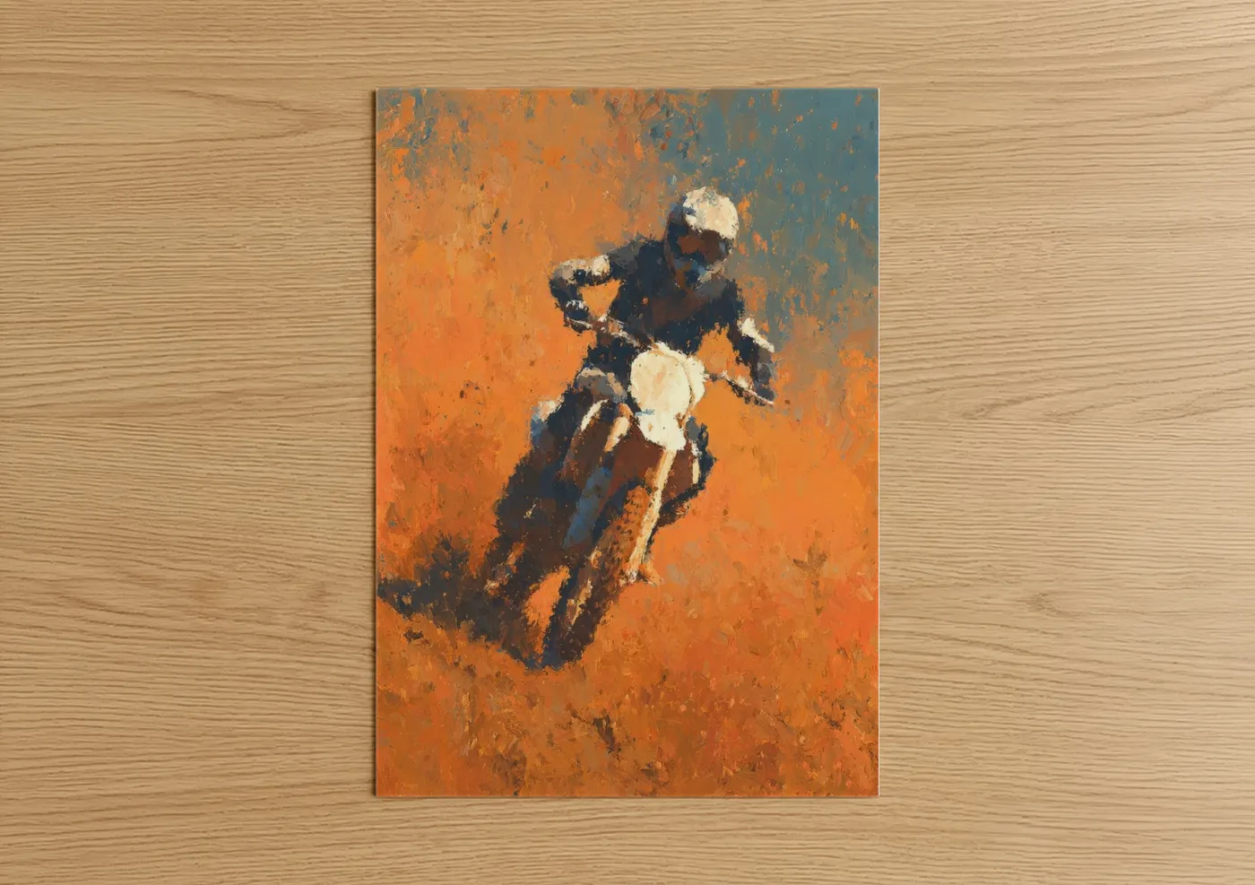 Art print on warm oak wood — orange and gold palette — Desert Motocross poster