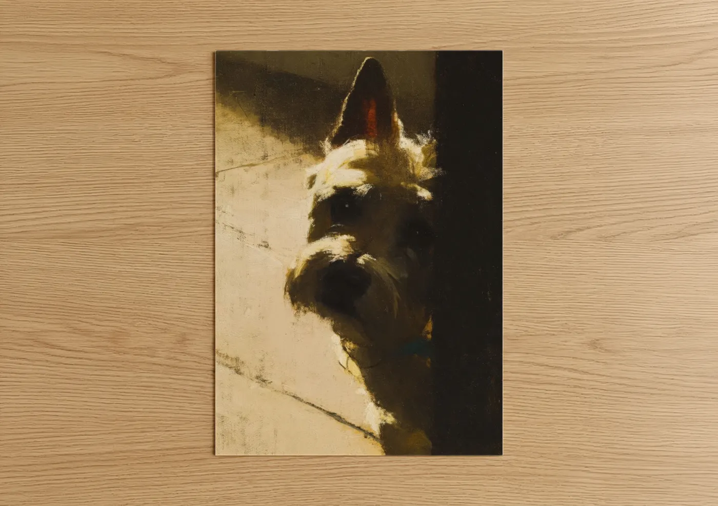 Art print on warm oak wood — gold and espresso palette — Contemplative Terrier poster