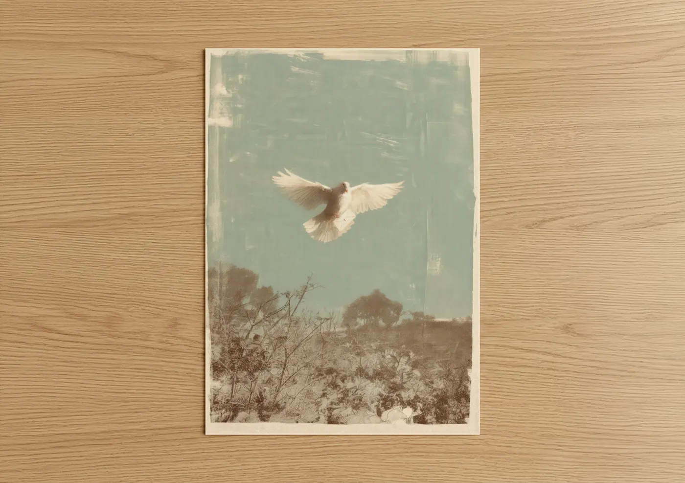 Art print on warm oak wood — sage green and cream palette — Ascending Dove poster