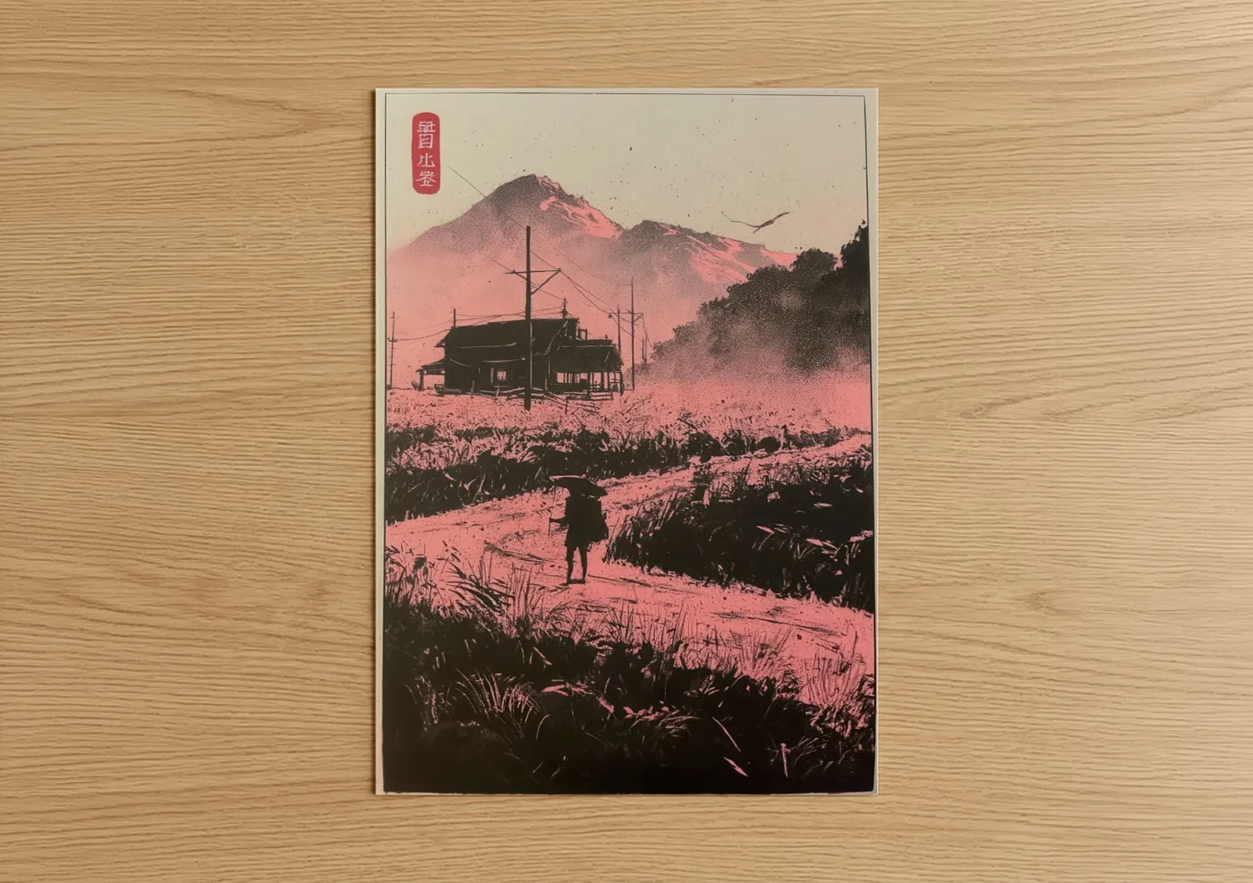 Various landscapes art print on warm oak wood — black and pink and rose gold palette — Industrial Farmland poster