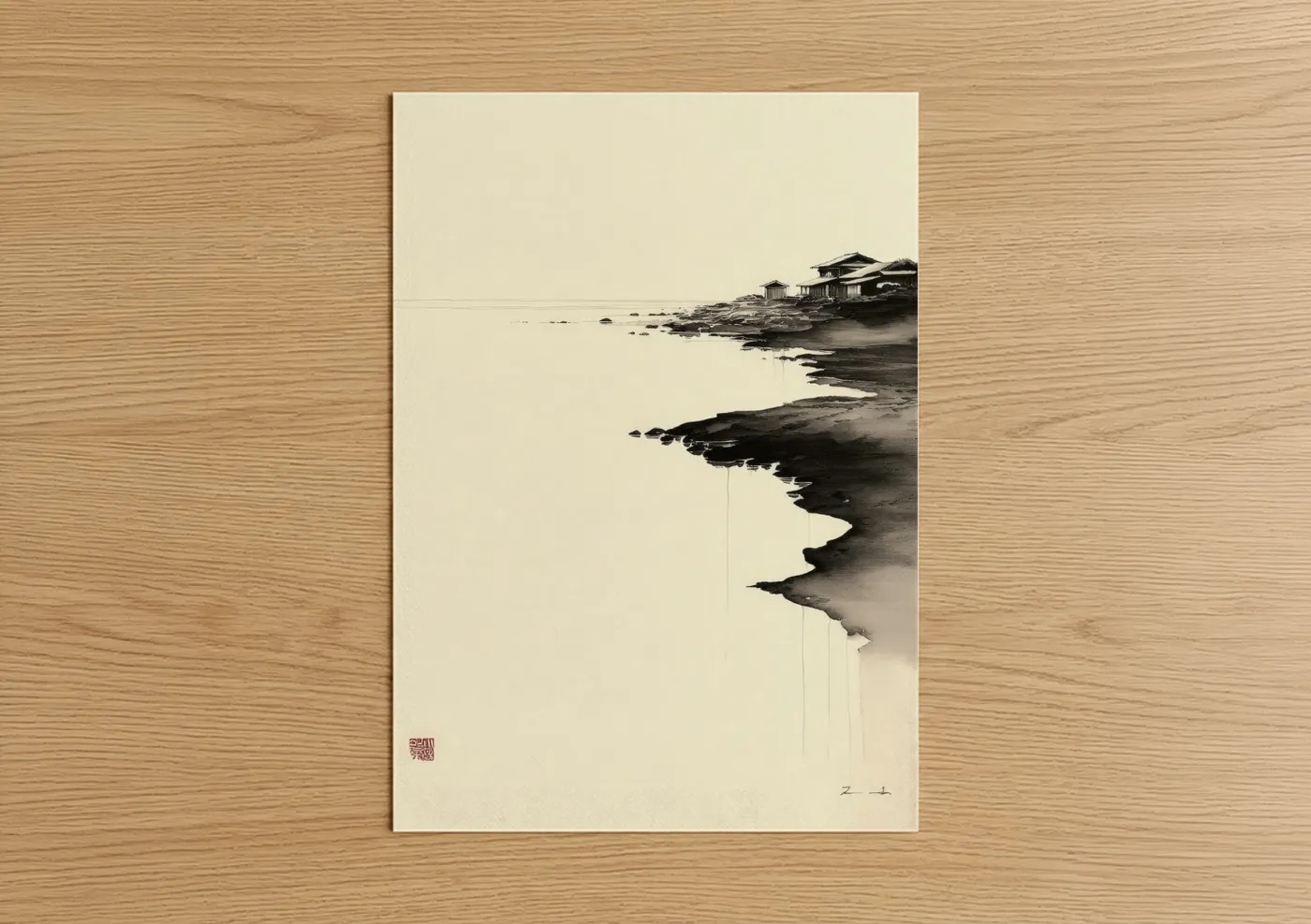 Abstract minimalist art print on warm oak wood — cream and black palette — Coastal Minimalist poster