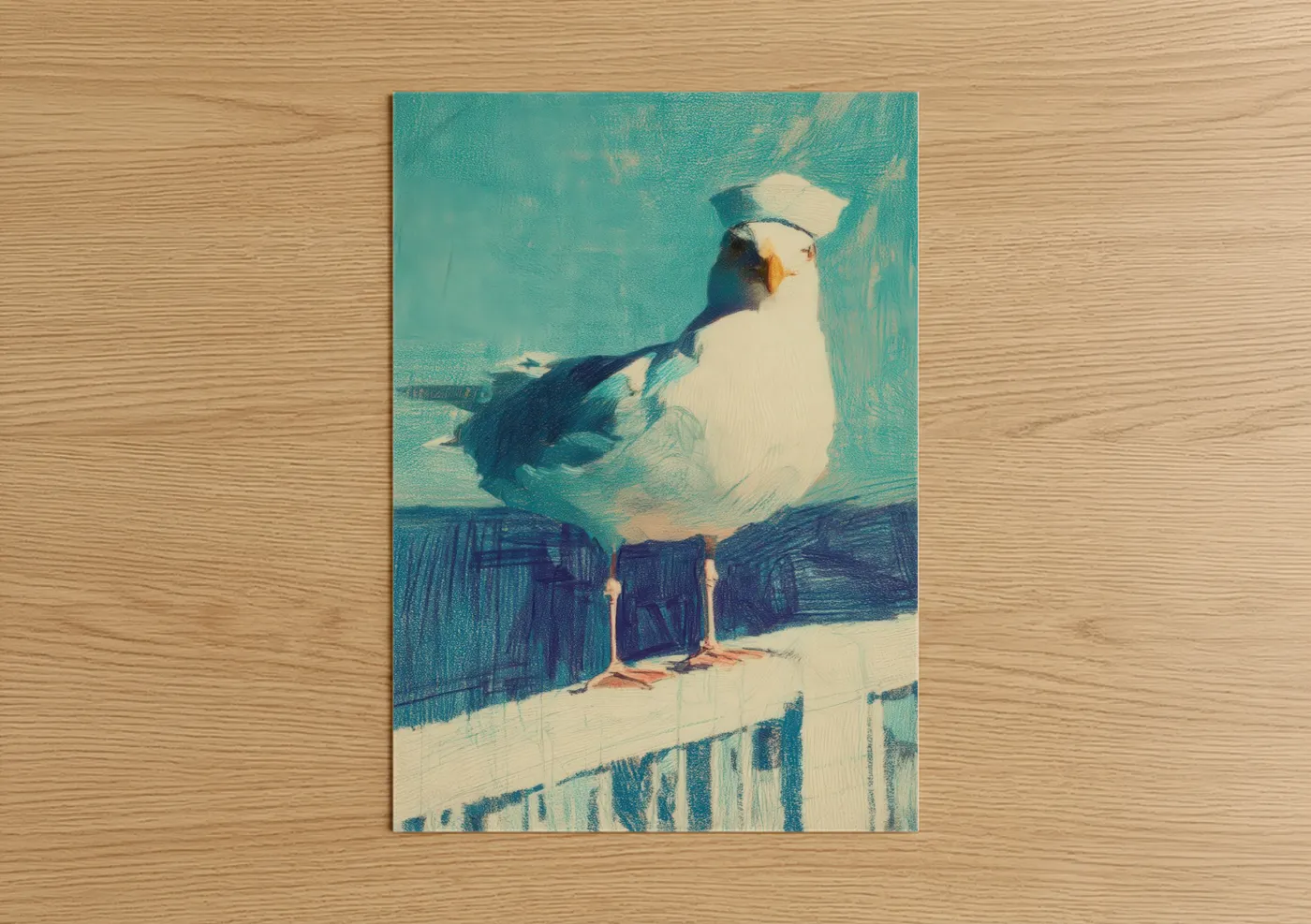 Art print on warm oak wood — teal and white palette — Coastal Seagull poster