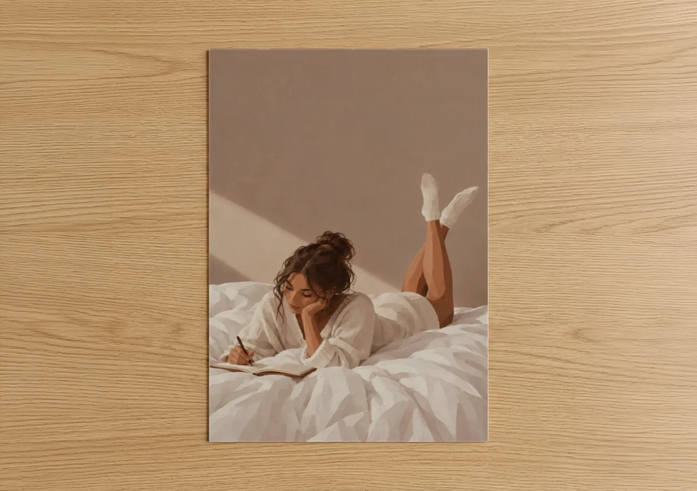 Art print on warm oak wood — beige and cream palette — Woman Reading in Bed Wall Art poster