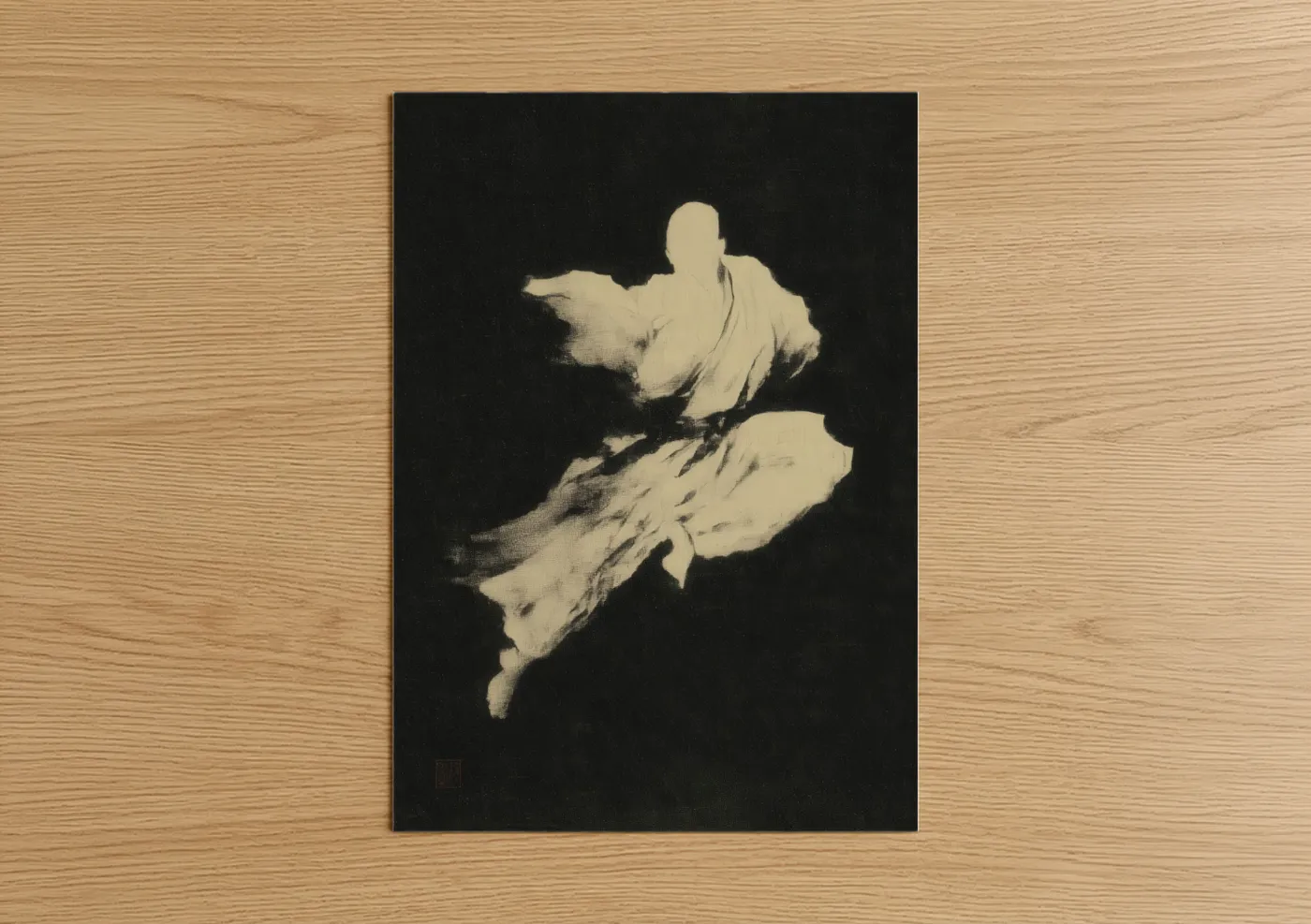 Kung fu art print on warm oak wood — black and white and cream palette — Flowing Martial Artist poster