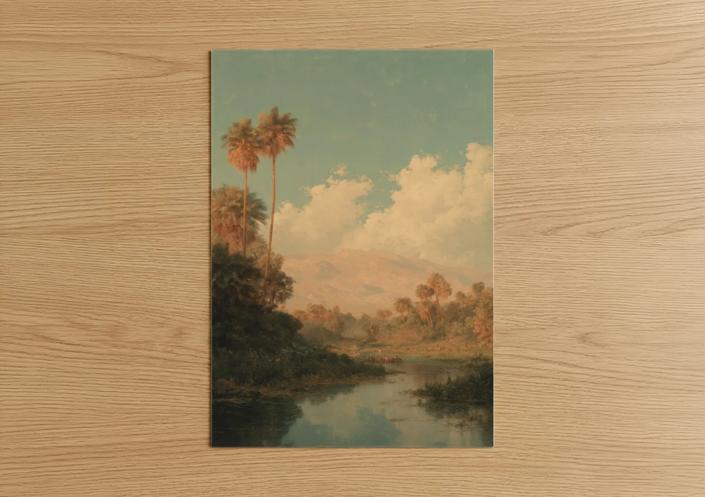 Art print on warm oak wood — sage green and gold palette — Desert Oasis poster