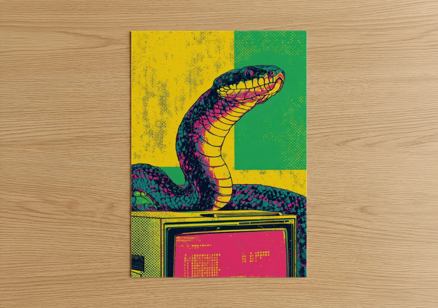 Art print on warm oak wood — yellow gold and magenta palette — Neon Python poster