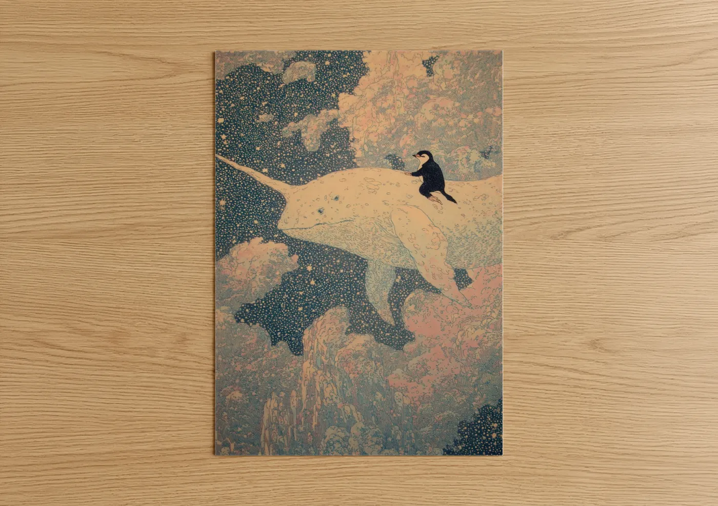 Penguin on Whale Japanese Woodblock Wall Art
