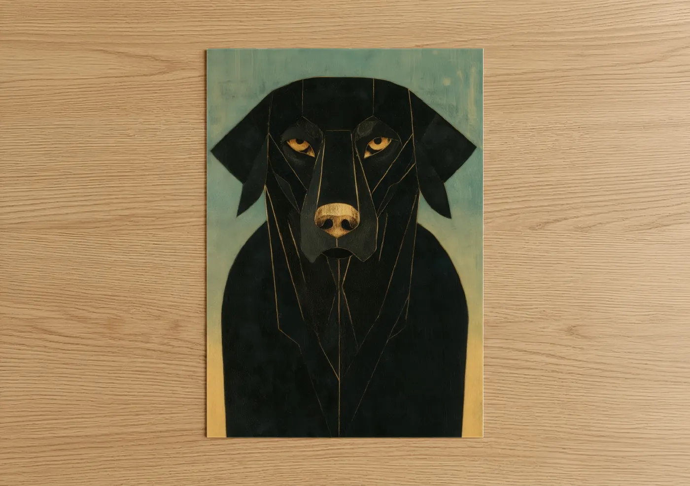Art print on warm oak wood — black and gold and sage green palette — Golden-Eyed Retriever poster