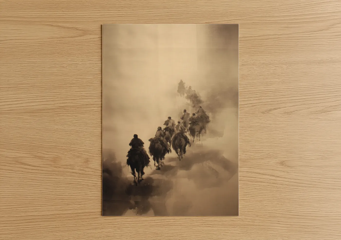 Camel art print on warm oak wood — champagne gold and black and white palette — Desert Caravan poster