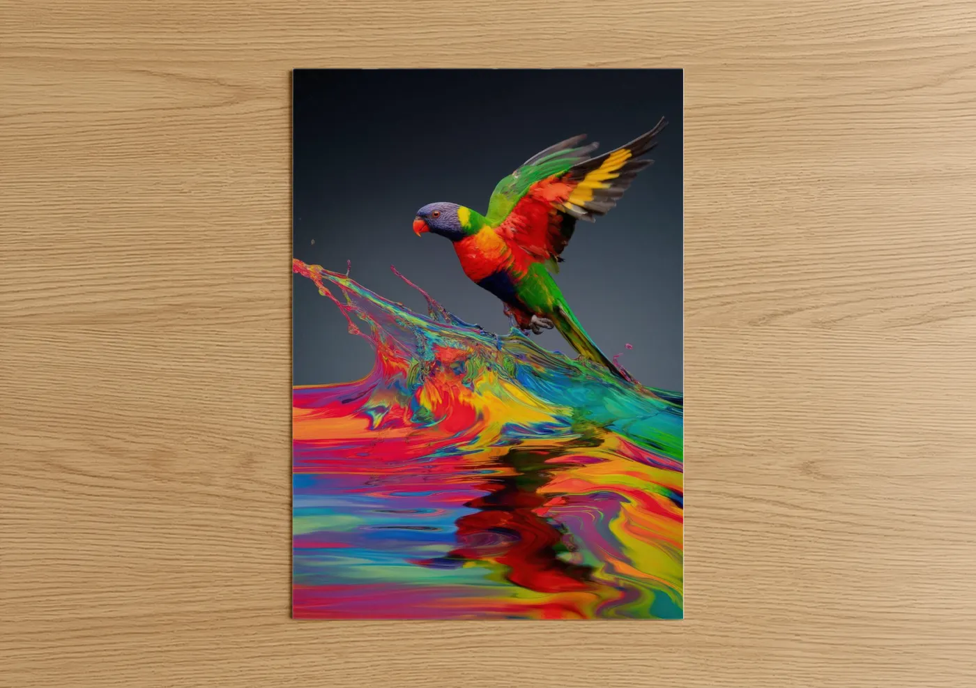 Rainbow lorikeet art print on warm oak wood — magenta and yellow gold palette — Colorful Lorikeet poster