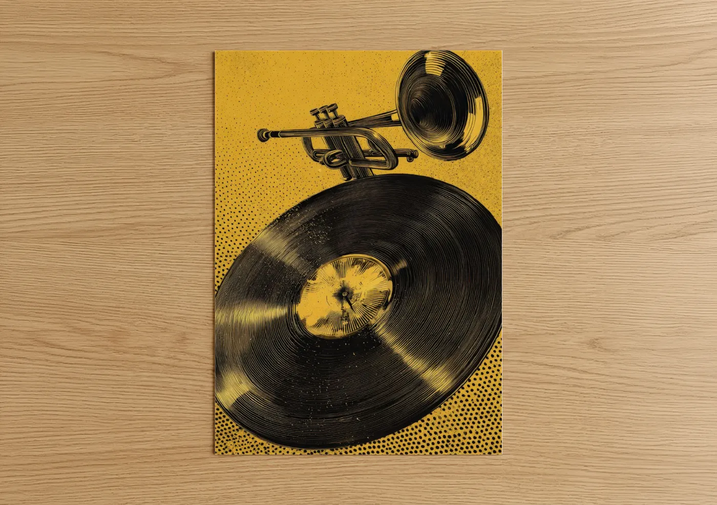 Vinyl records art print on warm oak wood — yellow gold and black and yellow palette — Golden Vinyl Spin poster