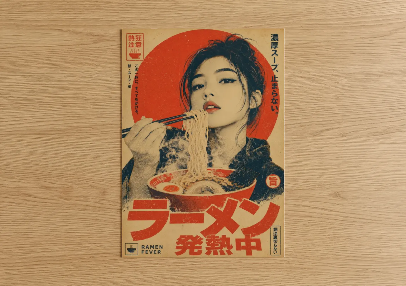 Food art print on warm oak wood — red and beige palette — Japanese Ramen Noodles Vintage Wall Art poster