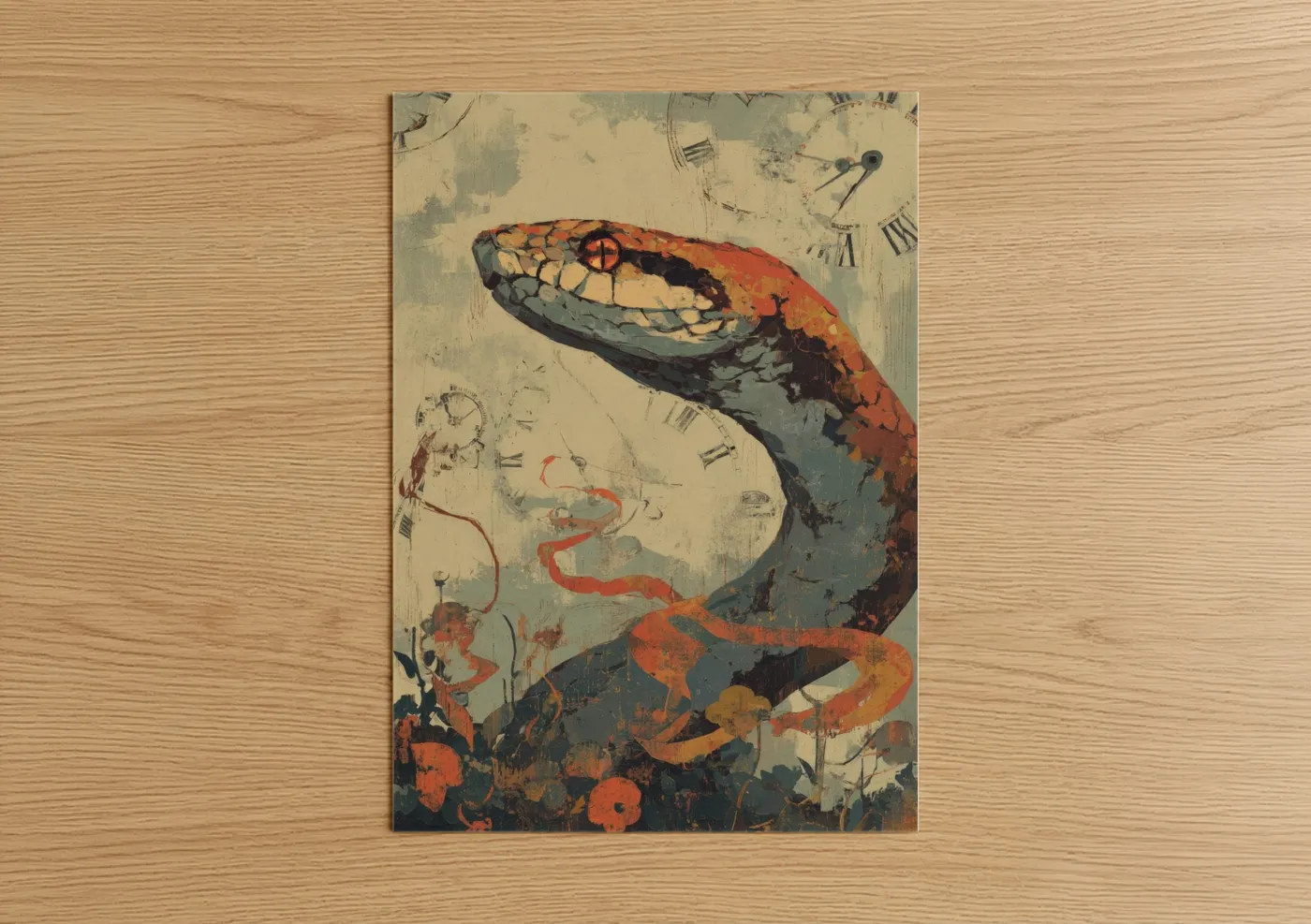 Art print on warm oak wood — red and gold palette — Crimson Viper poster