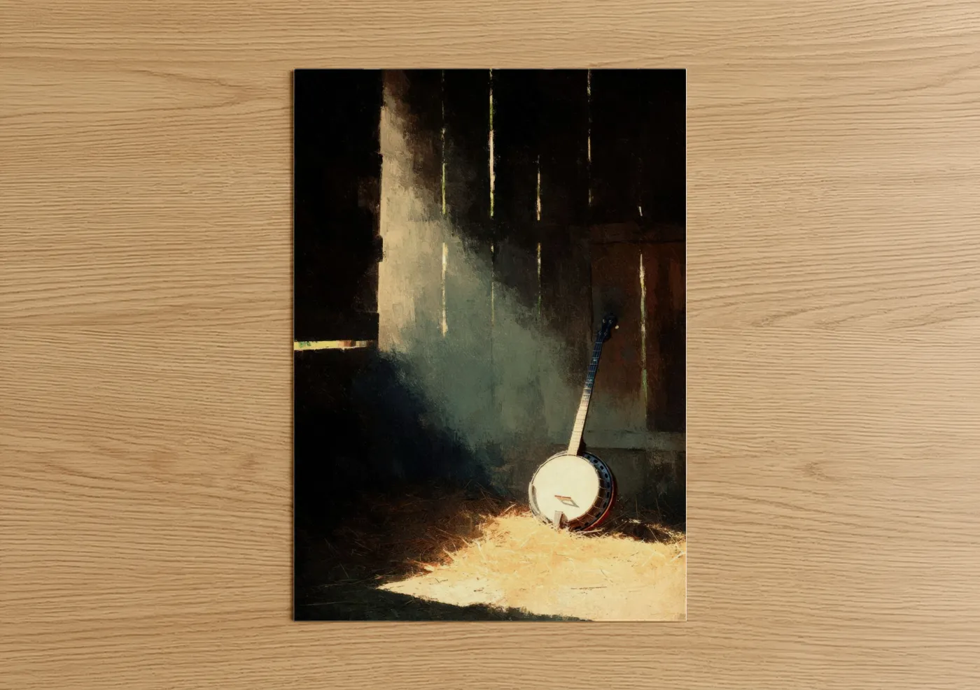 Art print on warm oak wood — gold and black palette — Rustic Banjo poster