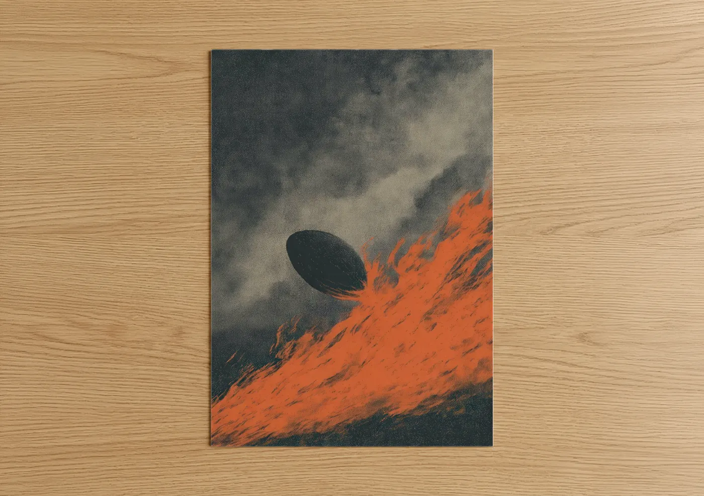 Art print on warm oak wood — orange and gray palette — Volcanic Rugby poster