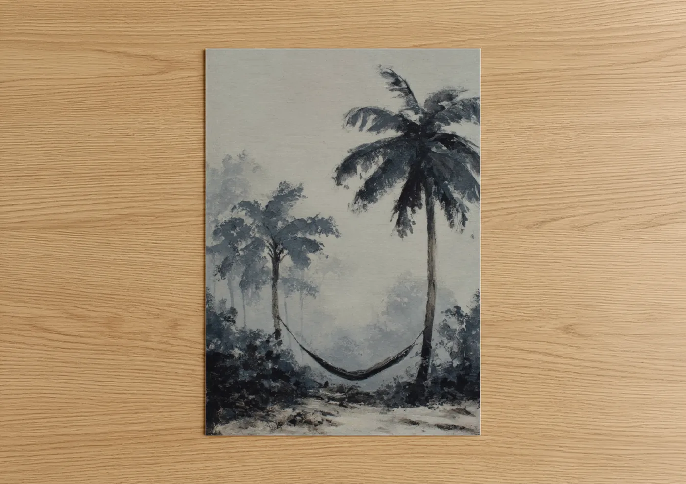 Art print on warm oak wood — gray and black and white palette — Misty Island Palms poster