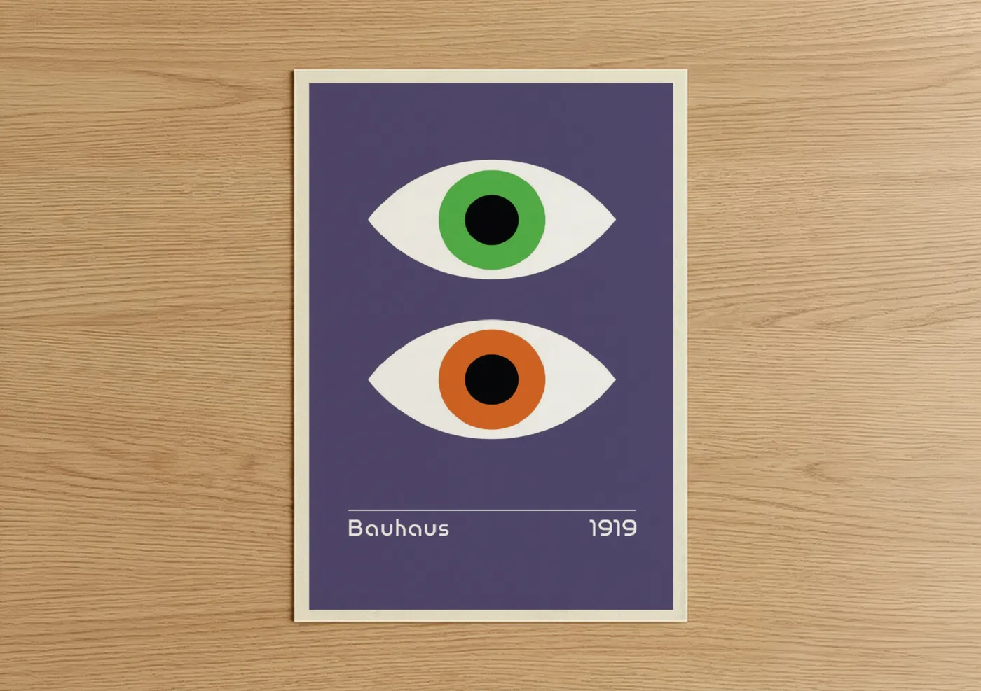 Abstract geometric art print on warm oak wood — purple and white palette — Bauhaus Eyes poster