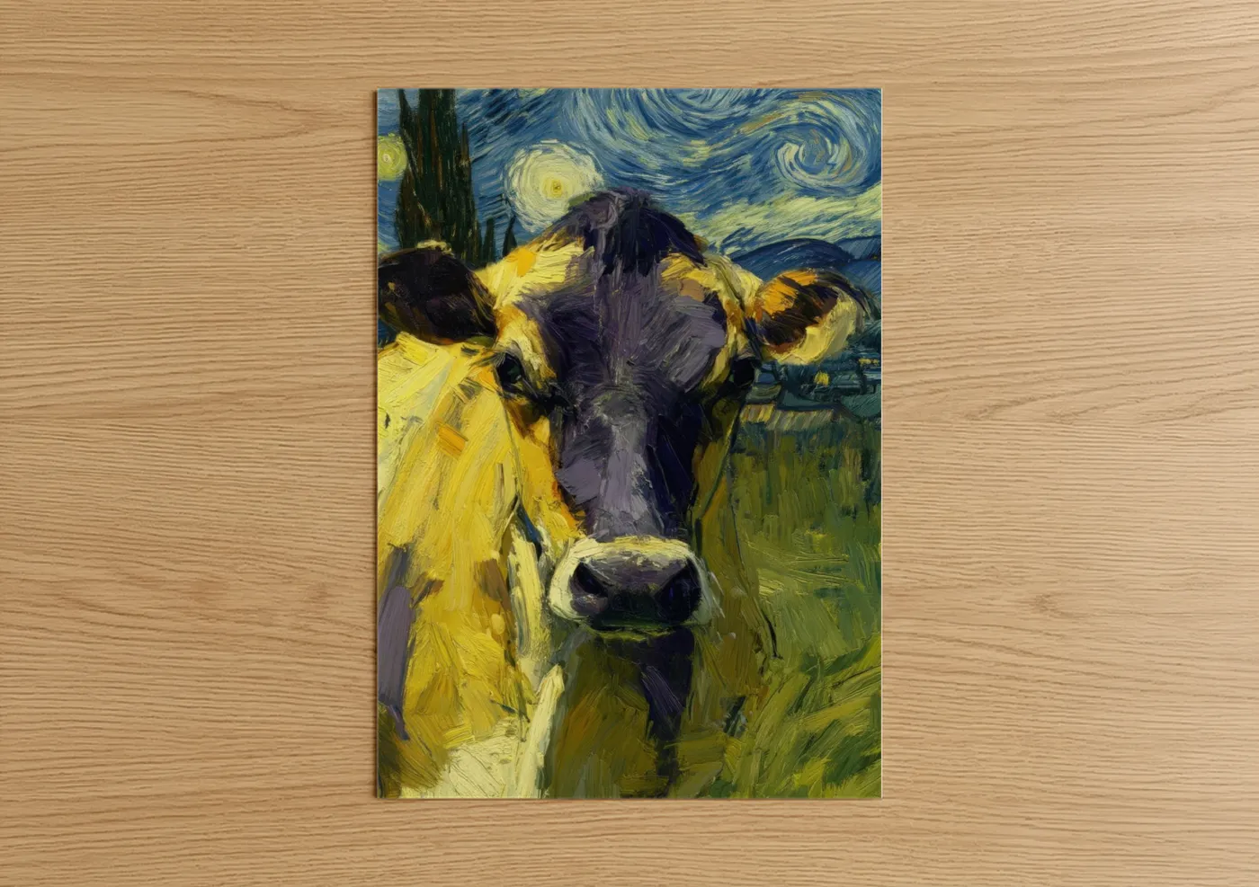 Jersey cow art print on warm oak wood — blue and yellow gold palette — Starry Night Jersey poster