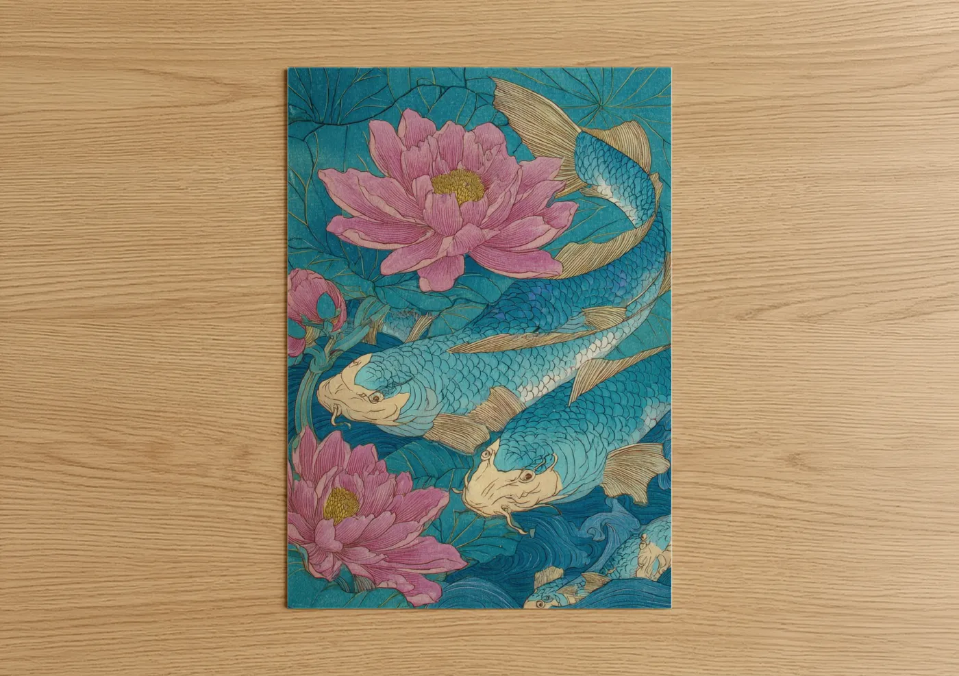 Pink Lotus Koi Fish Japanese Wall Art