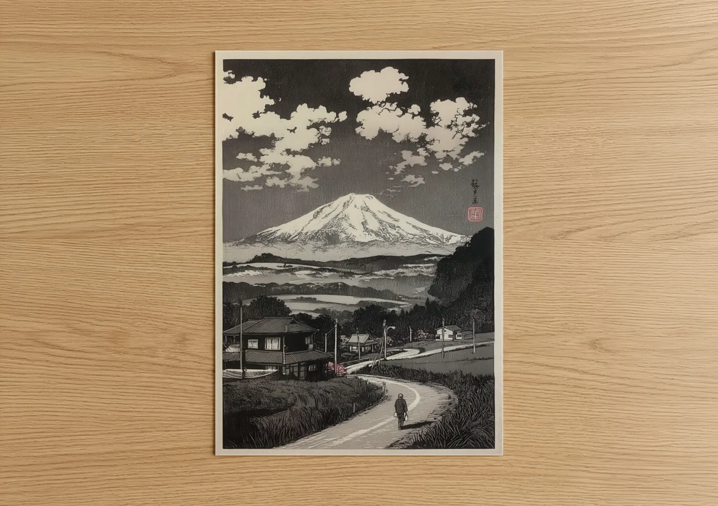 Various landscapes art print on warm oak wood — black and white and cream palette — Mount Fuji Vista poster