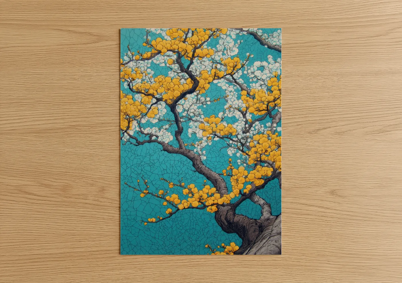 Cherry blossoms art print on warm oak wood — yellow gold and teal palette — Golden Blossom Tree poster