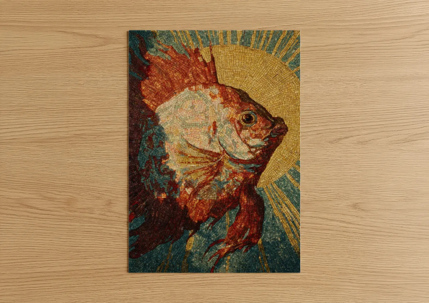 Art print on warm oak wood — gold and teal palette — Golden Discus Fish poster