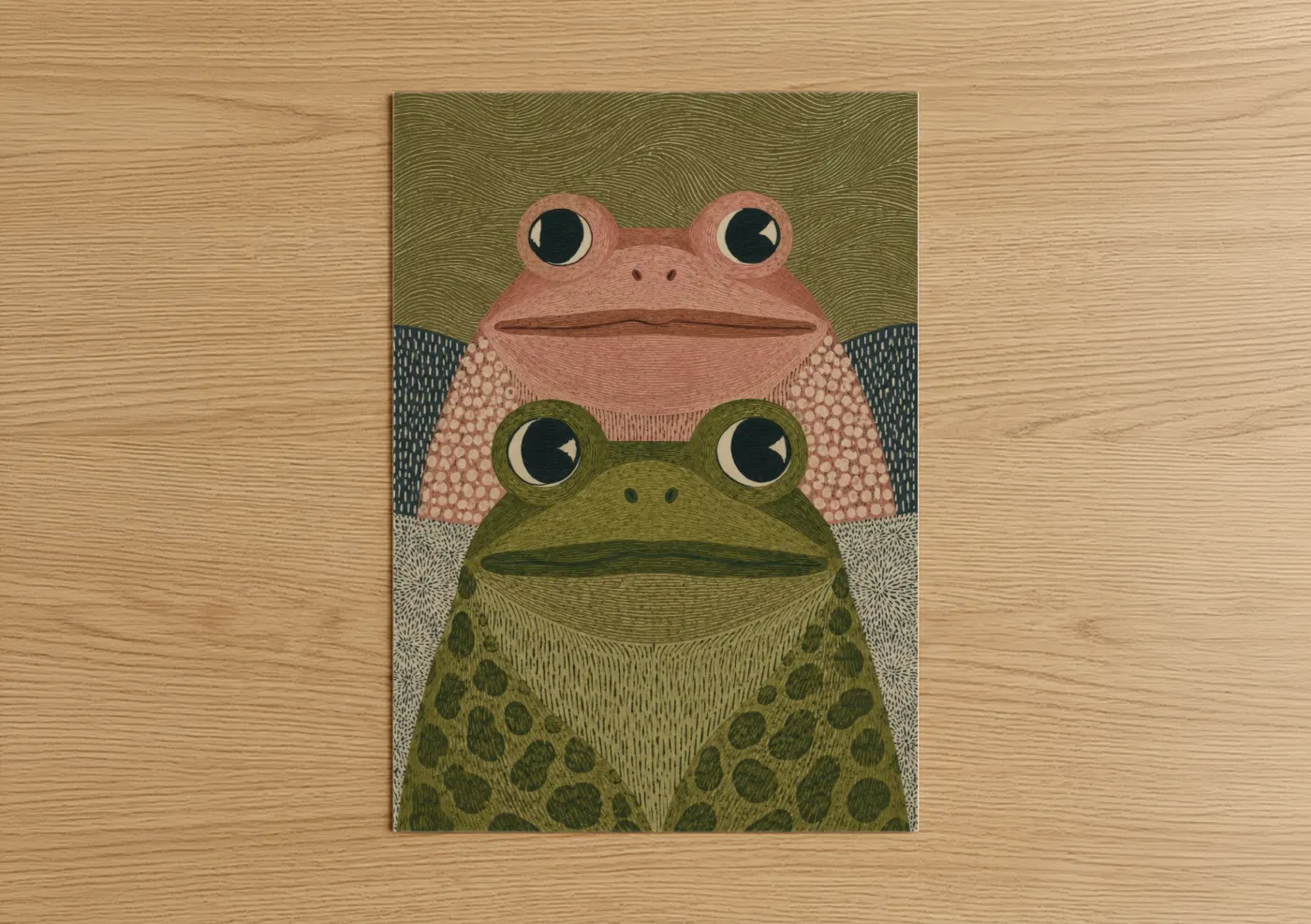Frogs and toads art print on warm oak wood — olive and beige palette — Stacked Frogs Geometric Wall Art poster