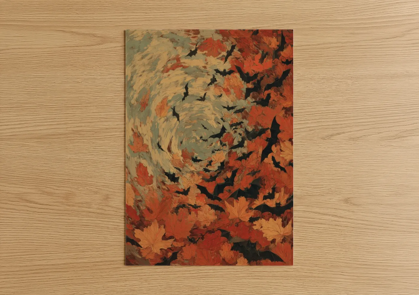 Art print on warm oak wood — orange and gold palette — Autumn Bat Swirl poster
