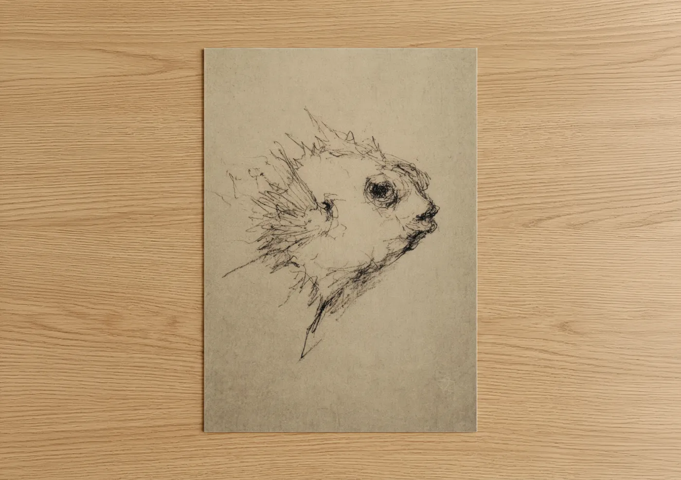 Art print on warm oak wood — beige and black and white palette — Sketched Puffer Fish poster
