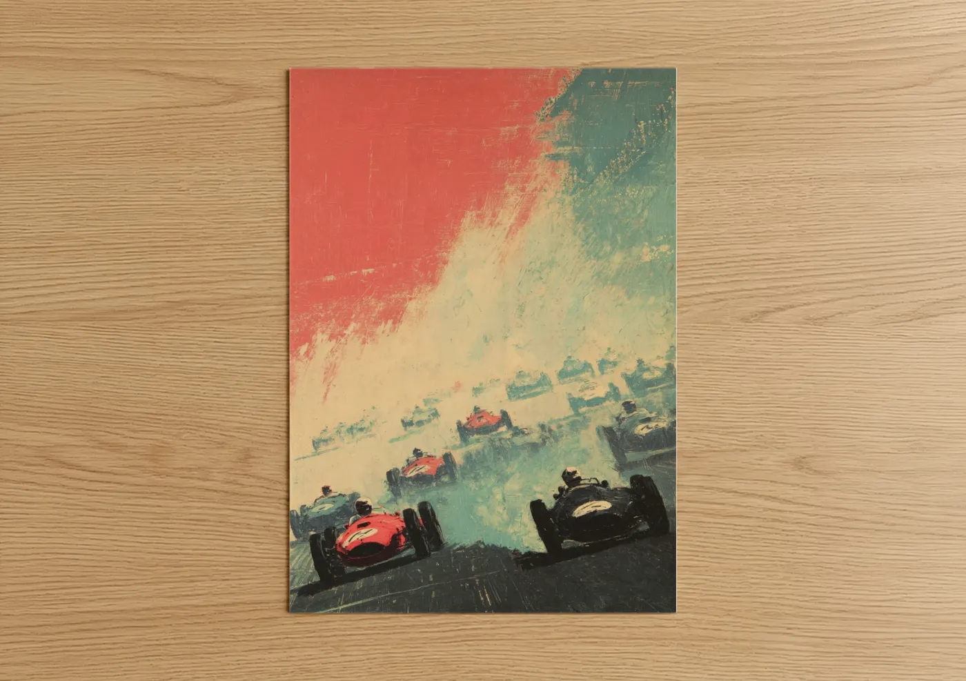 Auto racing art print on warm oak wood — red and teal palette — Vintage Grand Prix poster