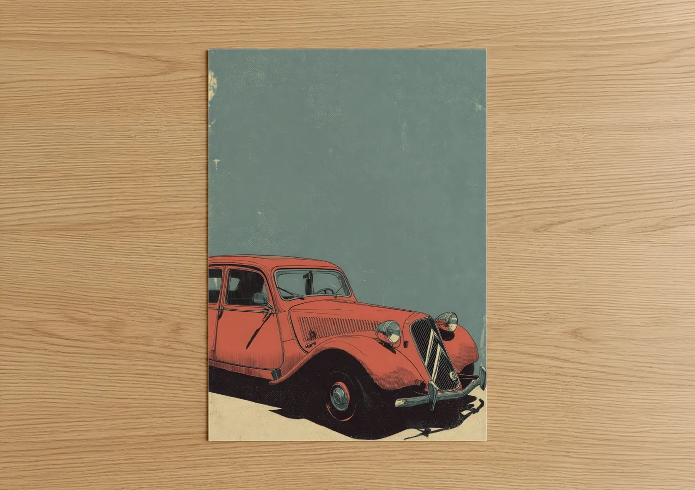 Classic car art print on warm oak wood — sage green palette — Coral Classic Coupe poster