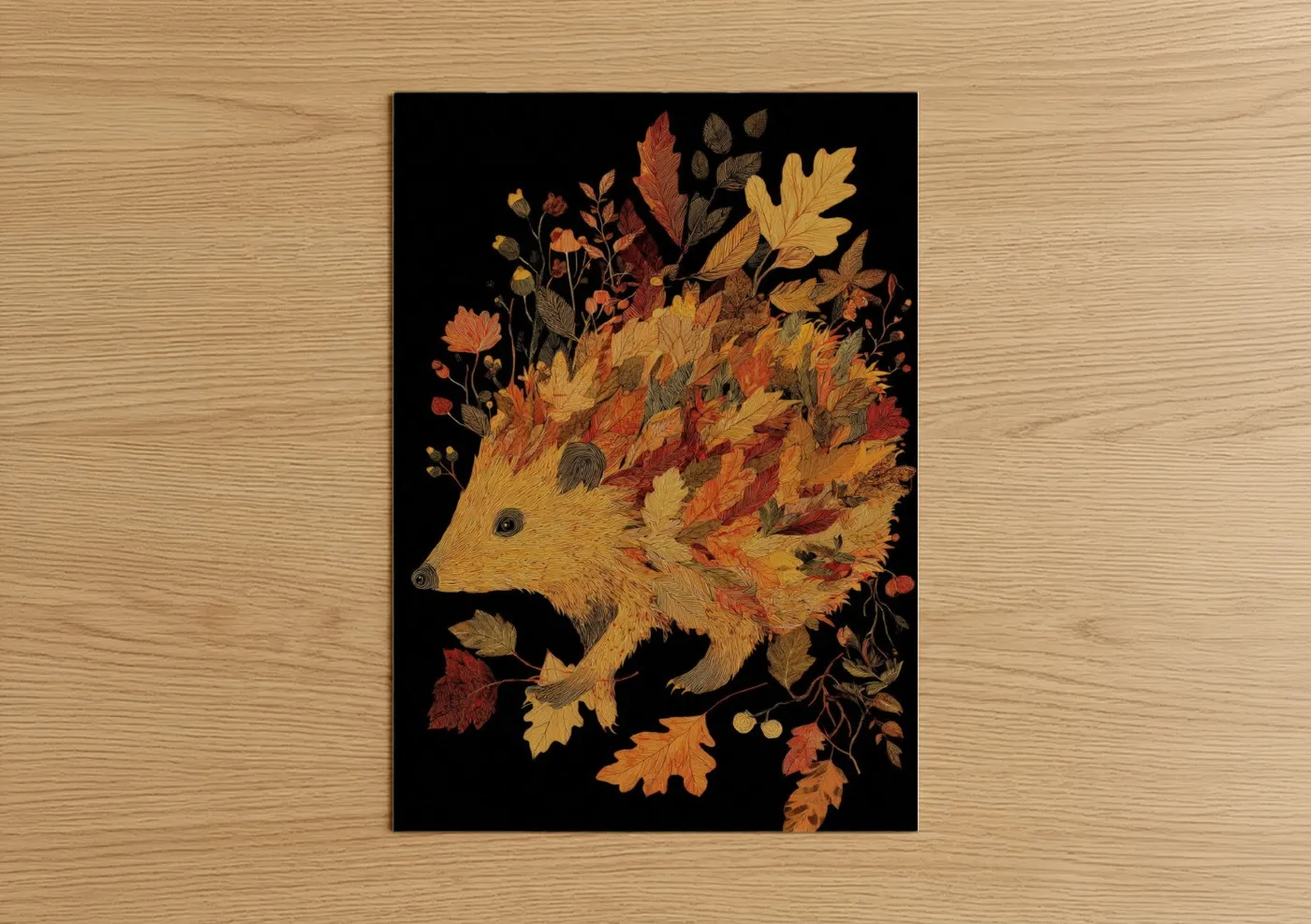 Art print on warm oak wood — gold and russet palette — Autumn Hedgehog poster