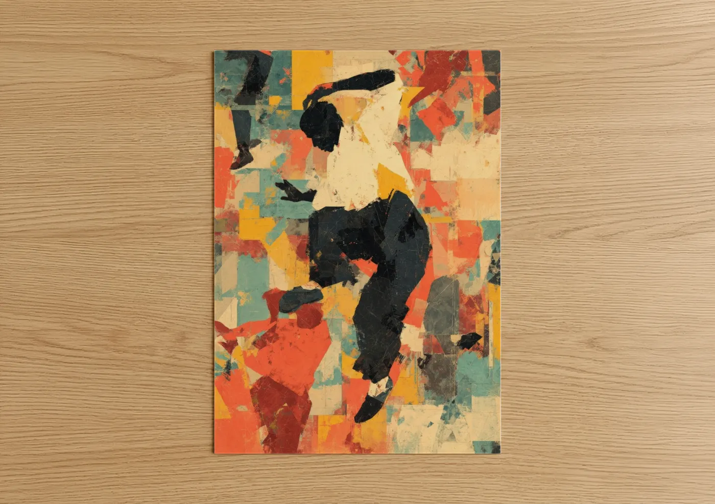 Art print on warm oak wood — orange and teal palette — Energetic Swing Dancer poster