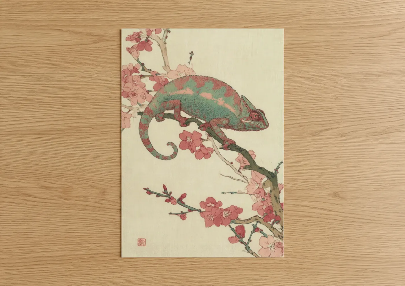 Art print on warm oak wood — light green and salmon pink palette — Blossom Chameleon poster