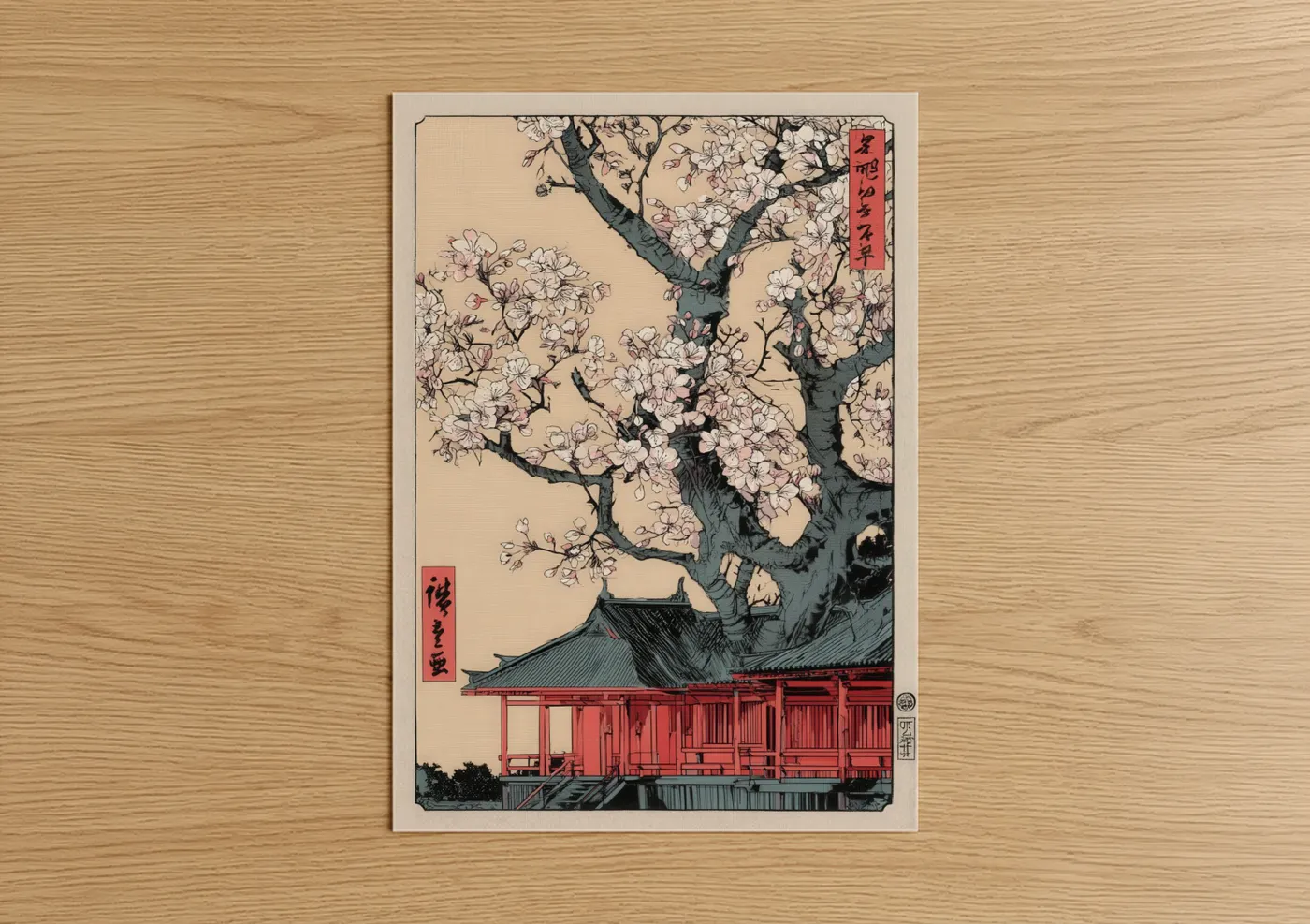 Cherry Blossoms Temple Japanese Woodblock Wall Art