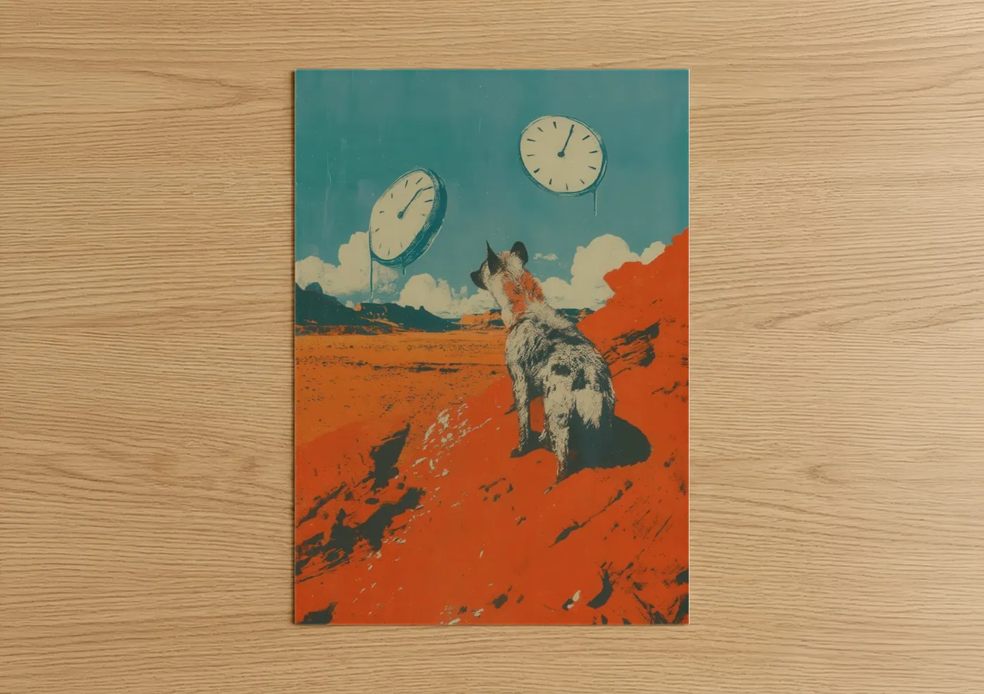 Art print on warm oak wood — pumpkin and teal palette — Desert Hyena Surreal poster