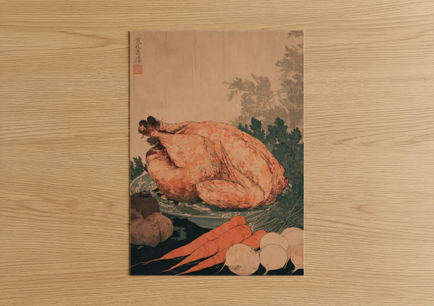 Art print on warm oak wood — dark green palette — Roasted Poultry Still Life poster