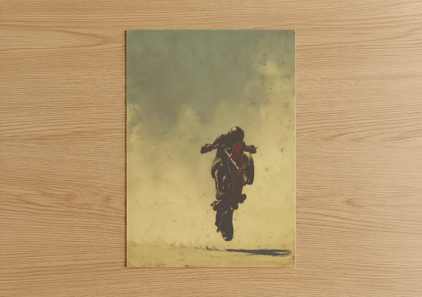 Scooter art print on warm oak wood — gold and brown palette — Desert Stunt Rider poster