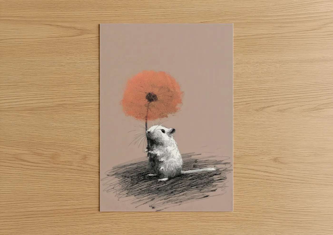 Art print on warm oak wood — peach and beige palette — Dreaming Gerbil poster
