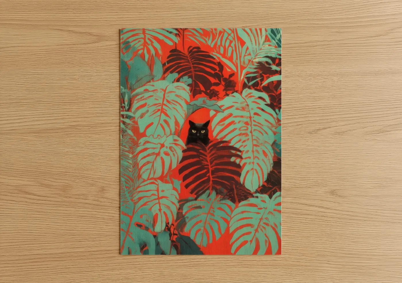 Black Cat Tropical Monstera Leaves Wall Art