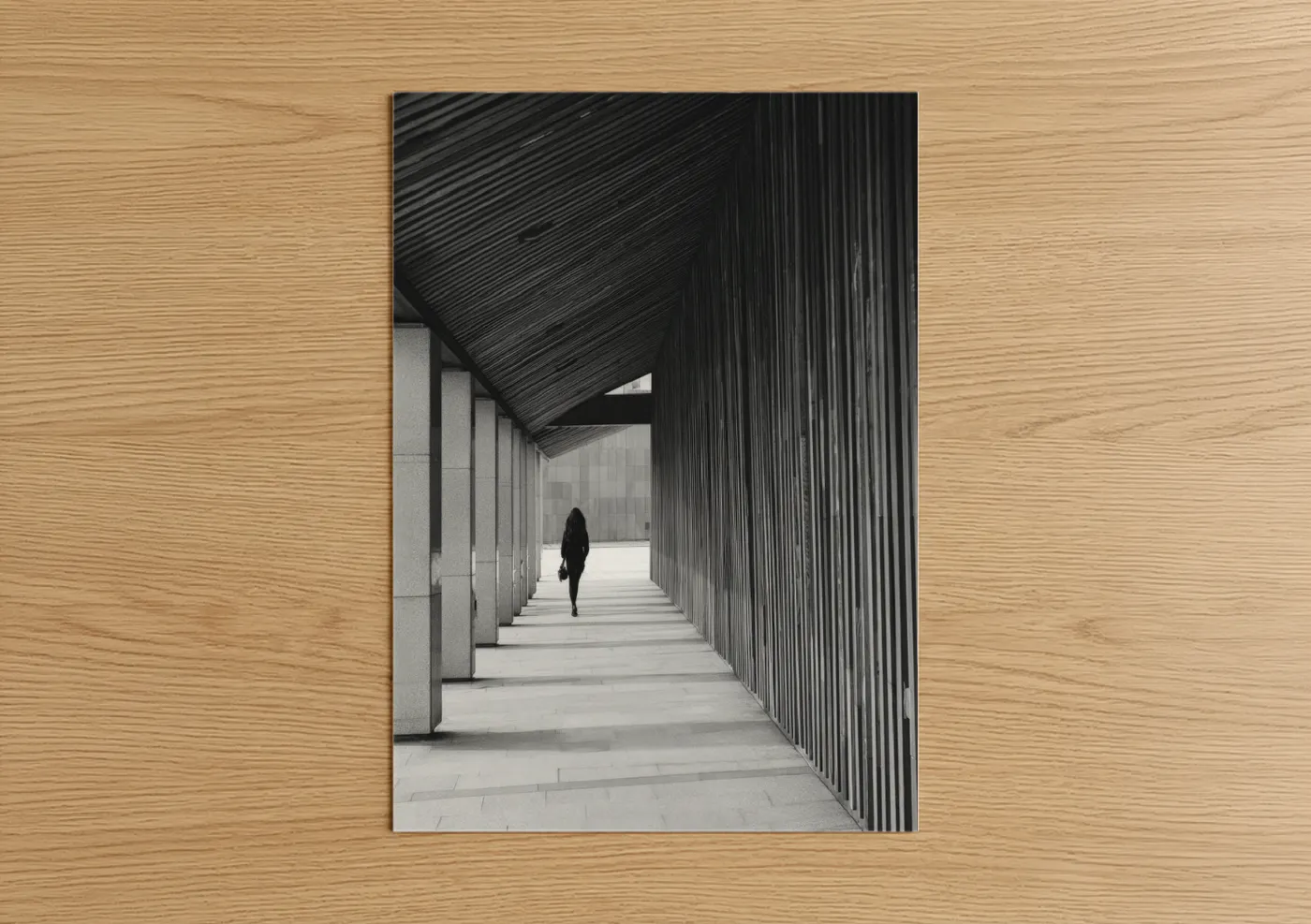 Abstract architecture art print on warm oak wood — black and white palette — Solitary Passage poster