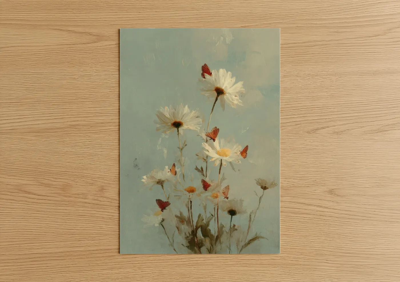 Daisy art print on warm oak wood — sage green and cream palette — Daisies with Butterflies poster