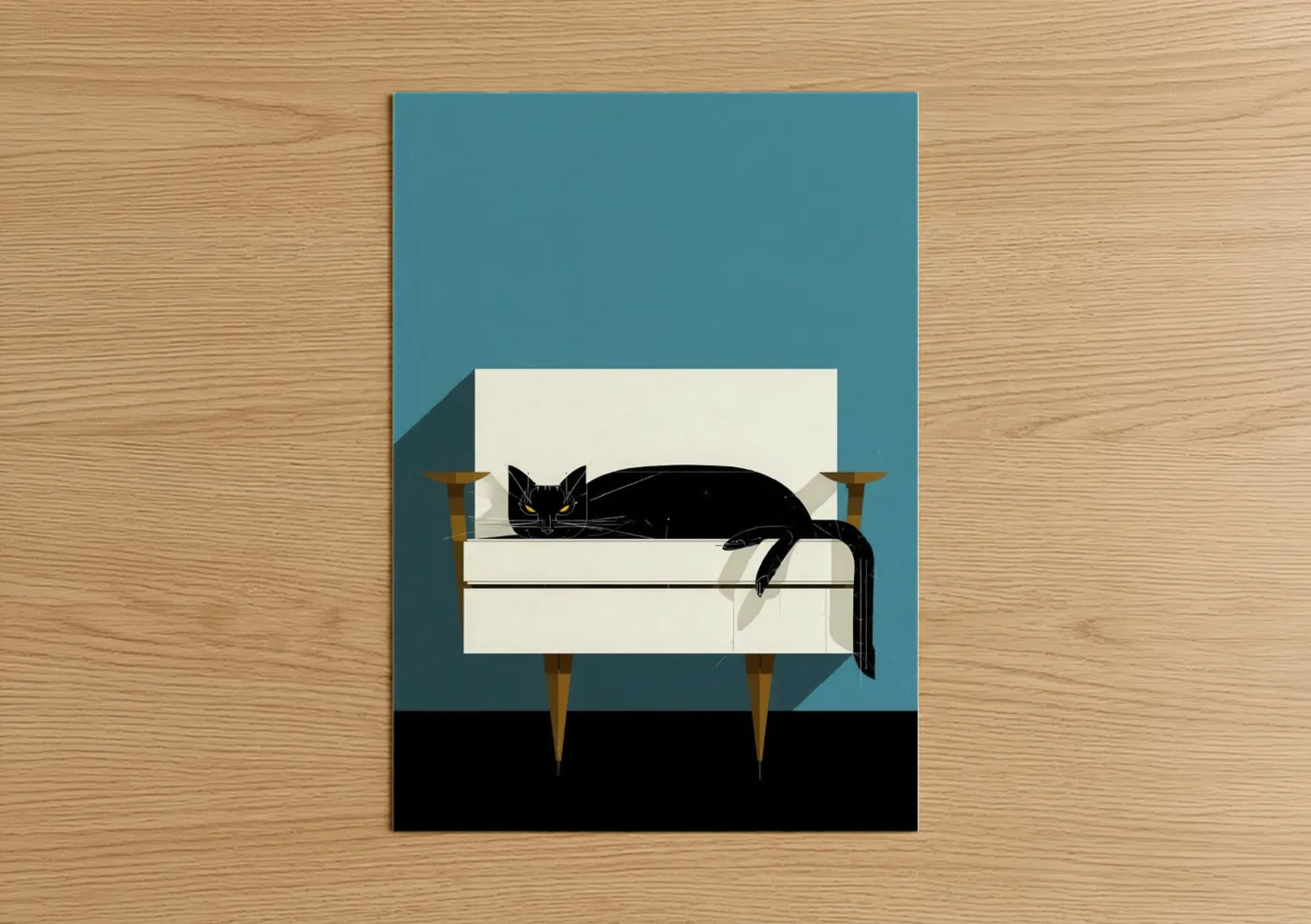 Black Cat Relaxing on Mid-Century Sofa Wall Art