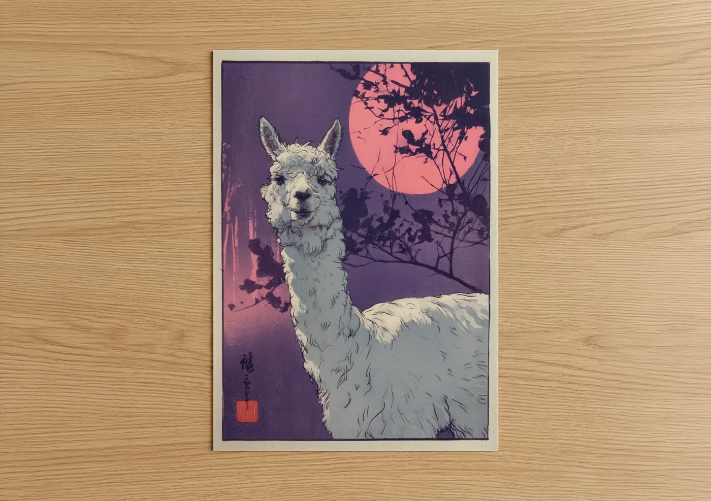 Moonlit Alpaca Japanese Art Print Wall Art