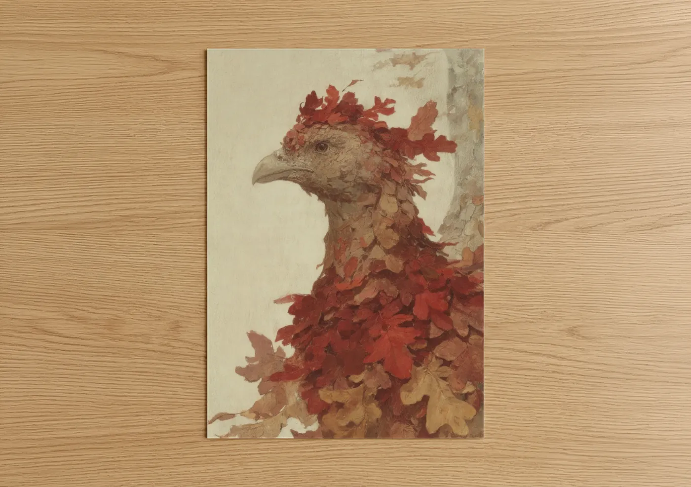 Art print on warm oak wood — russet and gold palette — Autumn Phoenix poster