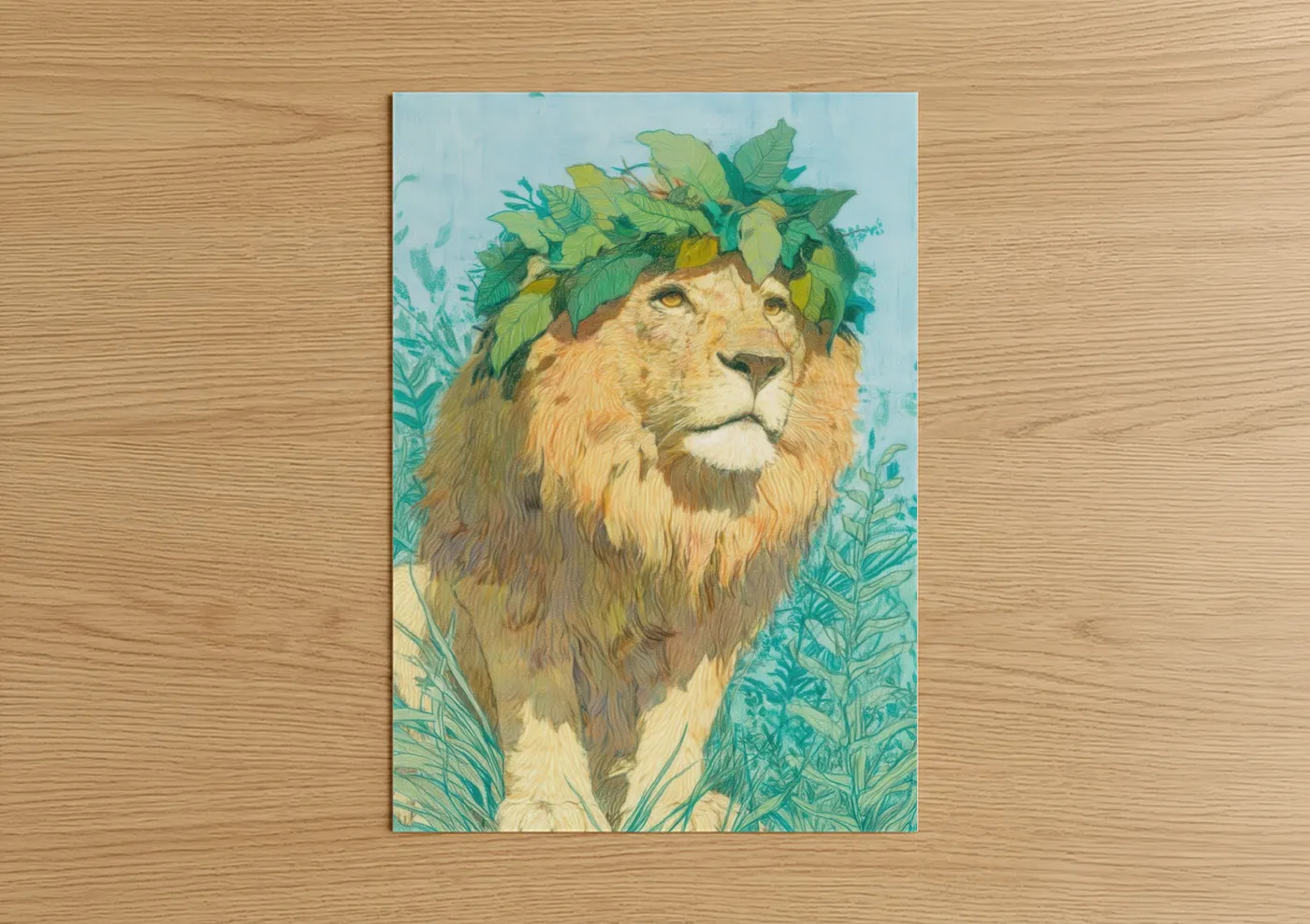 Crowned Lion with Leaf Crown Illustration Wall Art